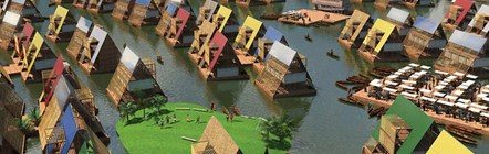 The three-story structure is 108 square-feet at its base, and 33 feet high. It sits on a floatation deck made of 256 used plastic drums.