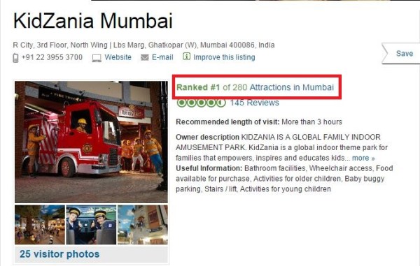 TripAdvisor Rank 1 - All Attractions Mumbai - 31st Oct KZMUM